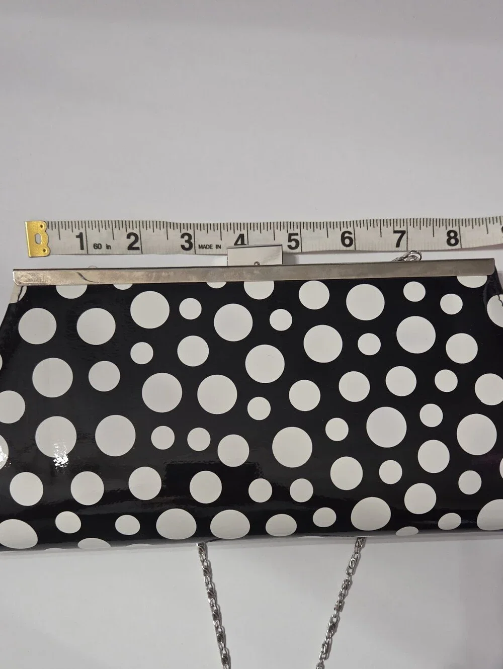 Neiman Marcus Black White Polka Dot Patent Clutch Purse With Chain Strap